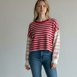 Anthropologie Daily Practice Pink White Striped Crop Drop Shoulder Sweater Sz XS